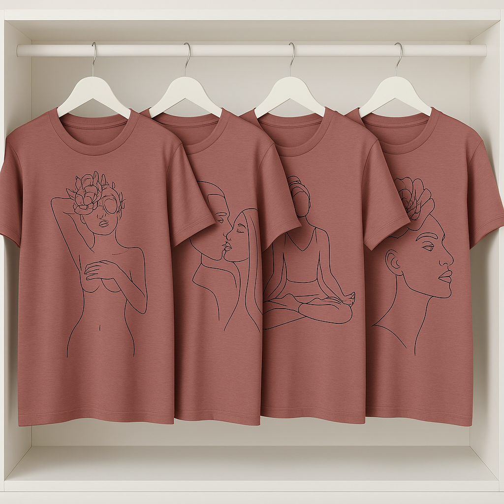 Linea Muse minimalist line art T-shirts featuring elegant feminine illustrations