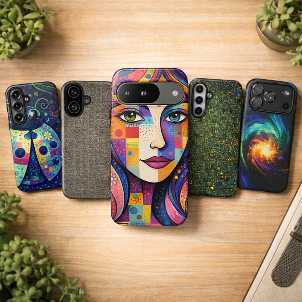 Artistic protective phone cases with colorful abstract, portrait, geometric, and cosmic designs displayed on a wooden surface