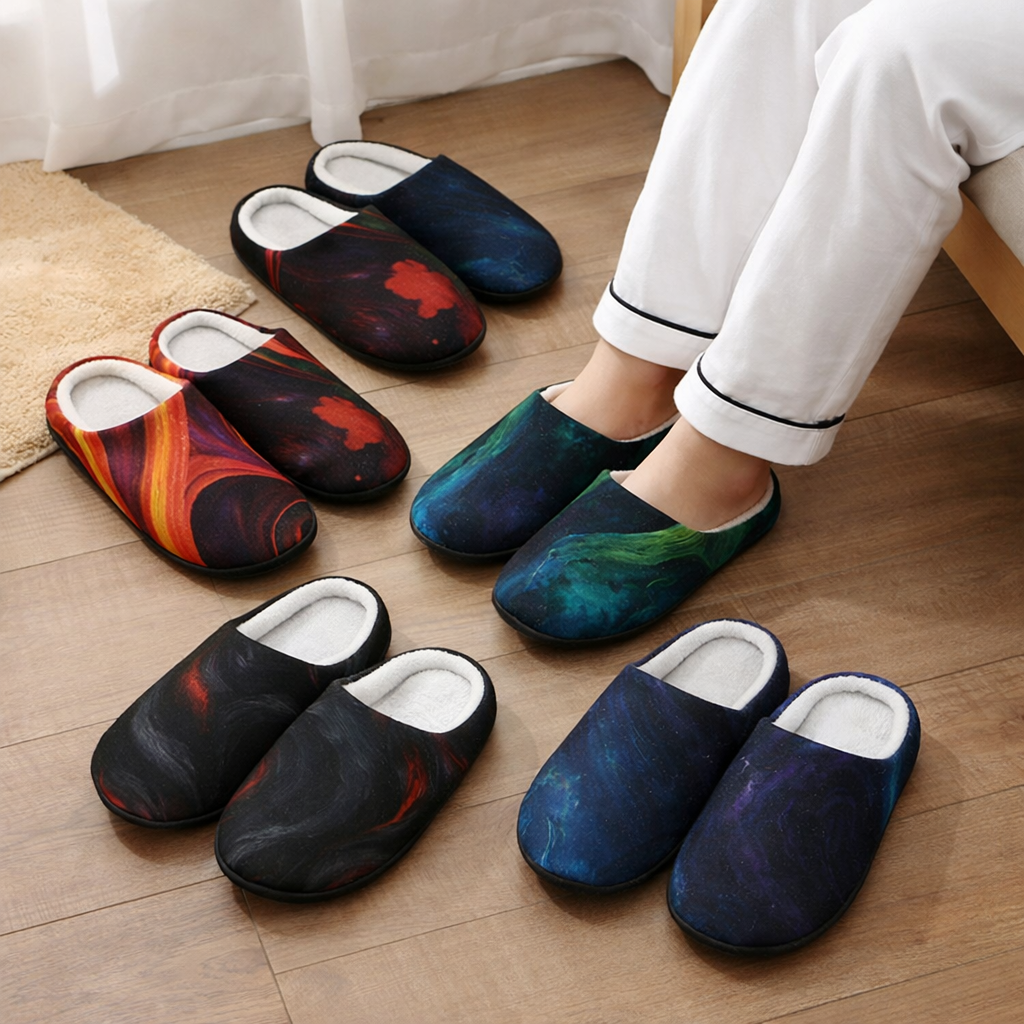 Lifestyle photo of a person wearing abstract patterned home slippers on a wooden floor, with three additional pairs arranged around the feet, showing soft fabric lining and cozy indoor comfort.