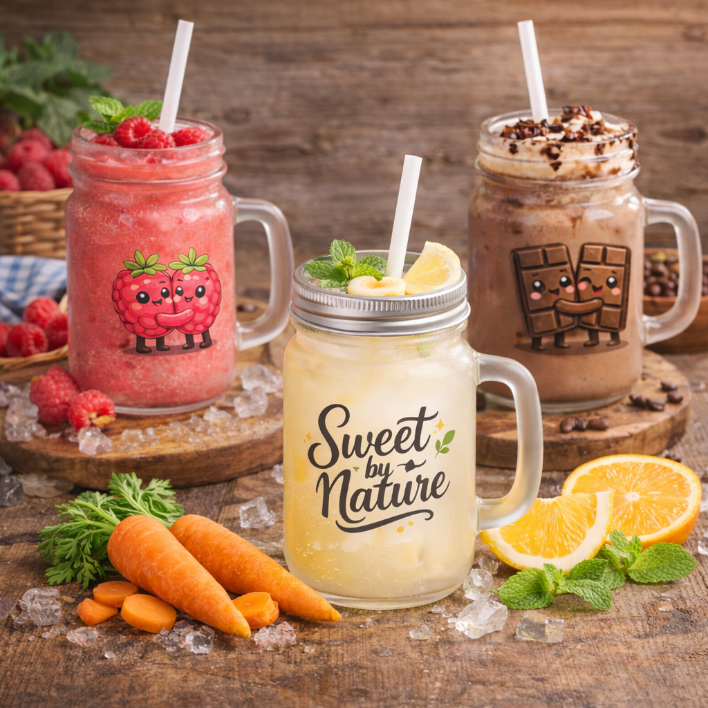 rosted glass mason jar mugs with colorful fruit and vegetable drinks, featuring cute raspberry, chocolate, carrot, and citrus illustrations, arranged on a rustic wooden table with fresh ingredients and ice.