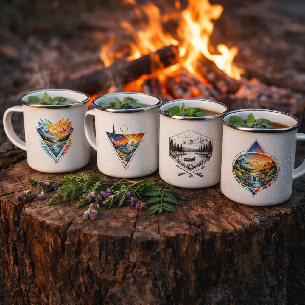 Metal enamel camping mugs with nature designs, filled with hot herbal tea, placed on a wooden tree stump by a campfire in an outdoor camping setting