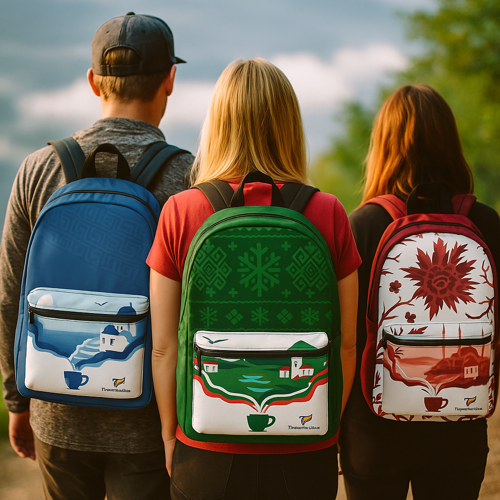 Travel-inspired backpacks with illustrated designs representing iconic landscapes and cultures