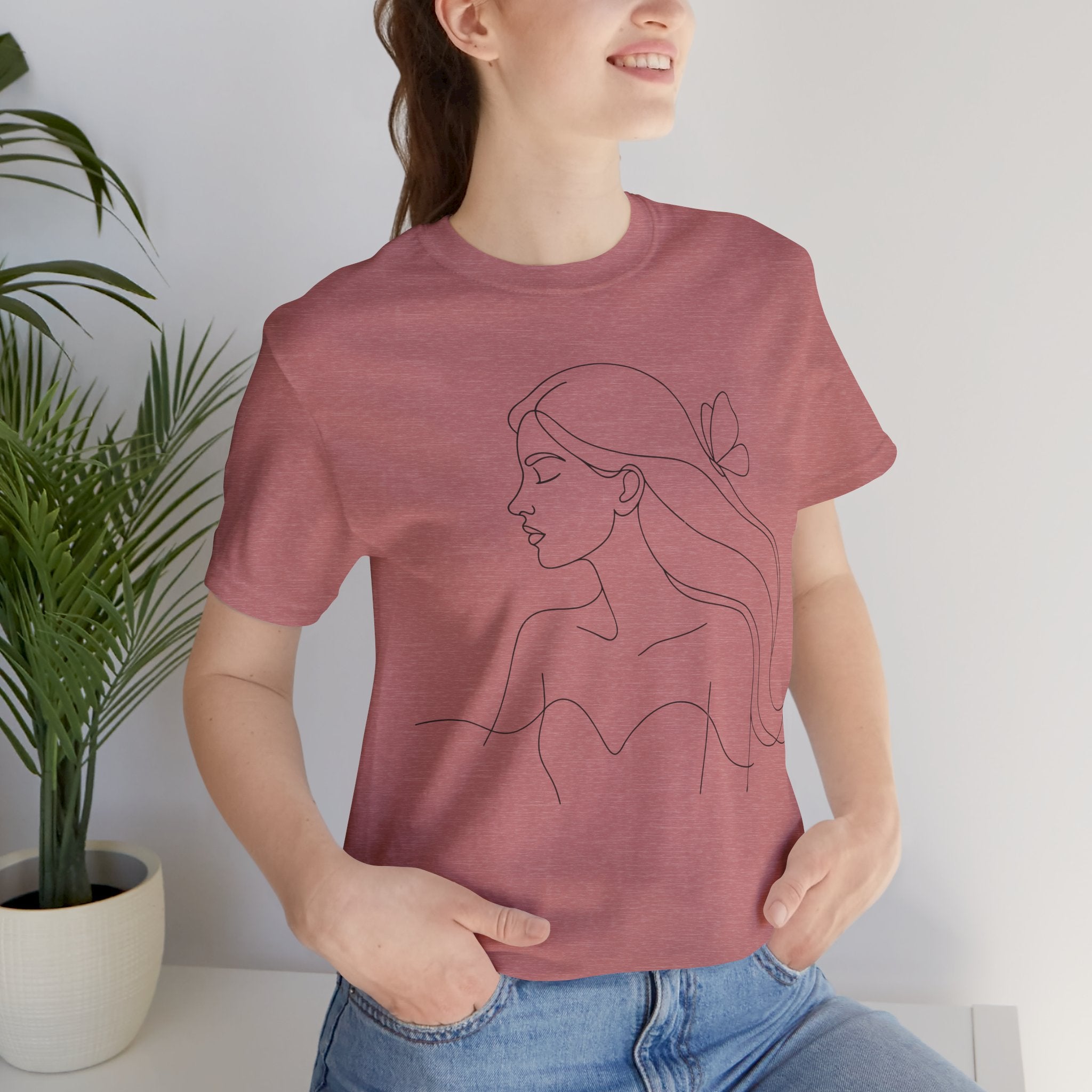 LineaMuse™ t-shirt with minimalist line art face illustration, modern artistic apparel