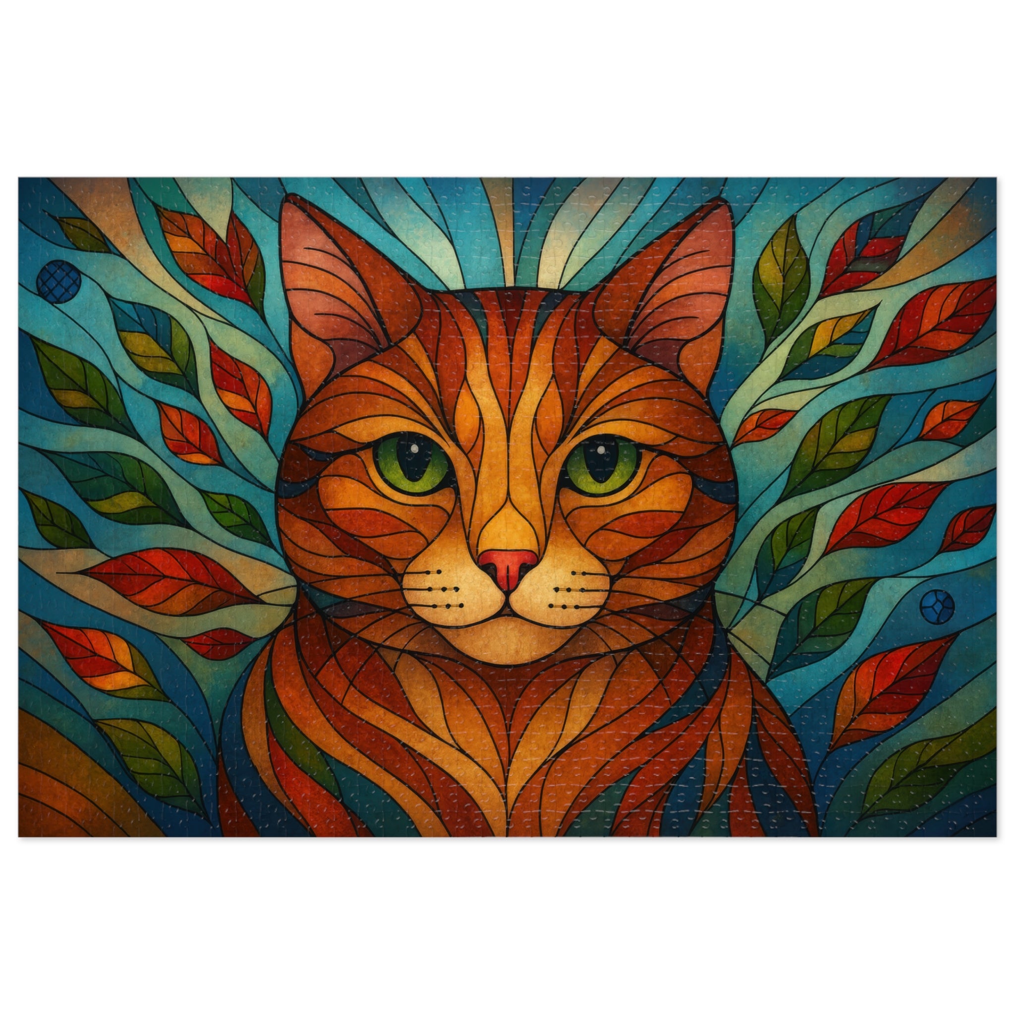 Stained-glass style cat jigsaw puzzle with colorful leaves and green eyes
