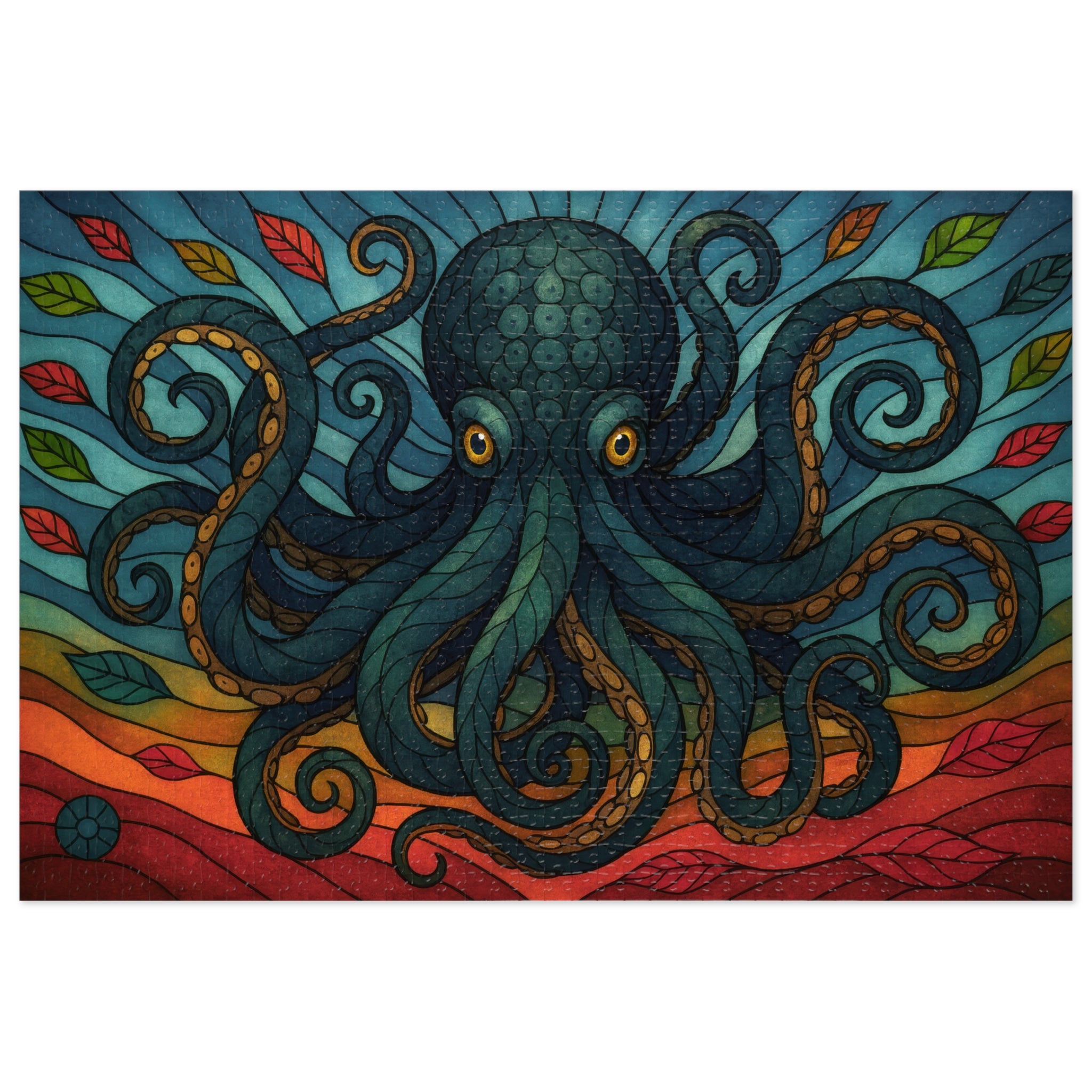 Stained-glass style octopus jigsaw puzzle artwork
