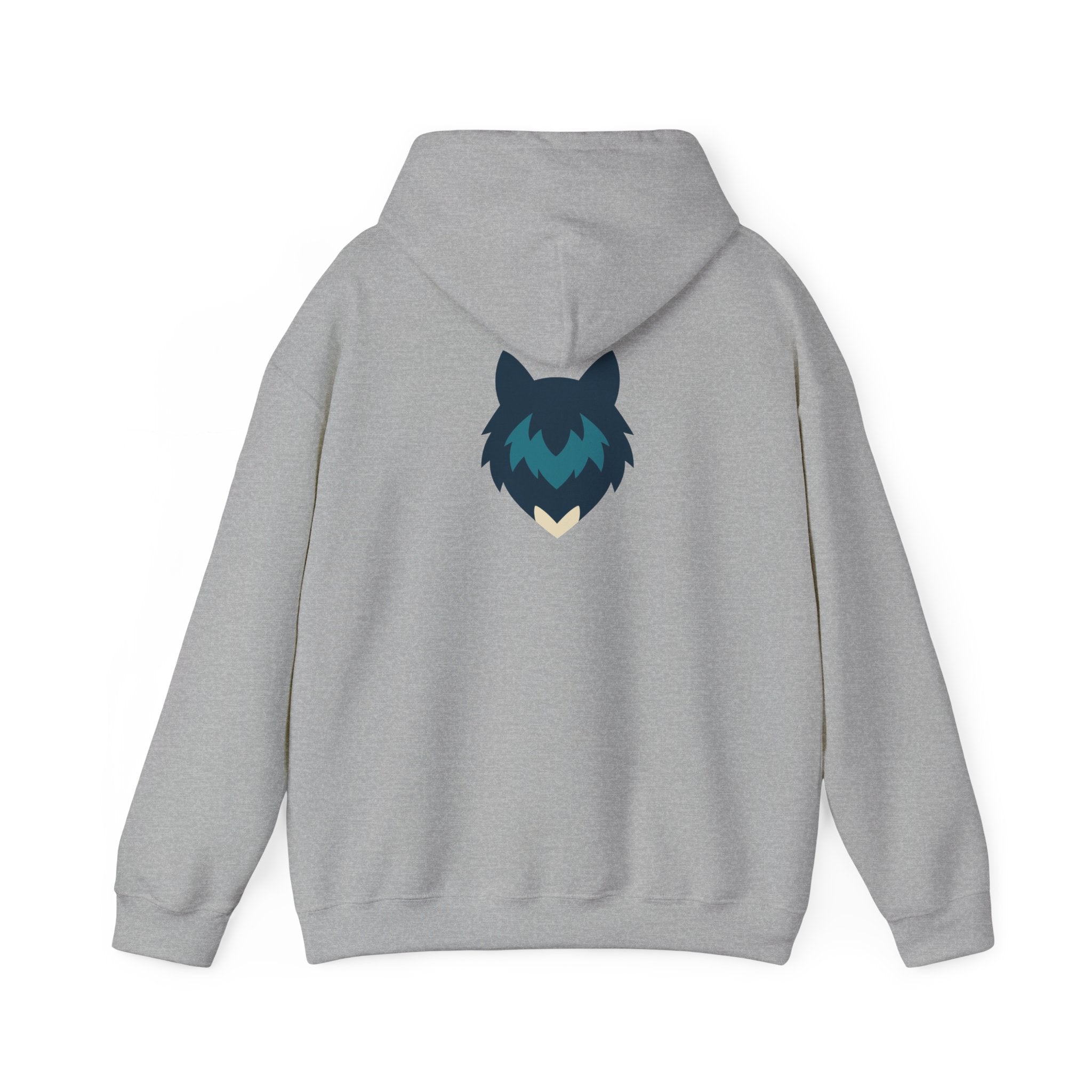 Gray hoodie featuring a subtle wolf emblem on the upper back
