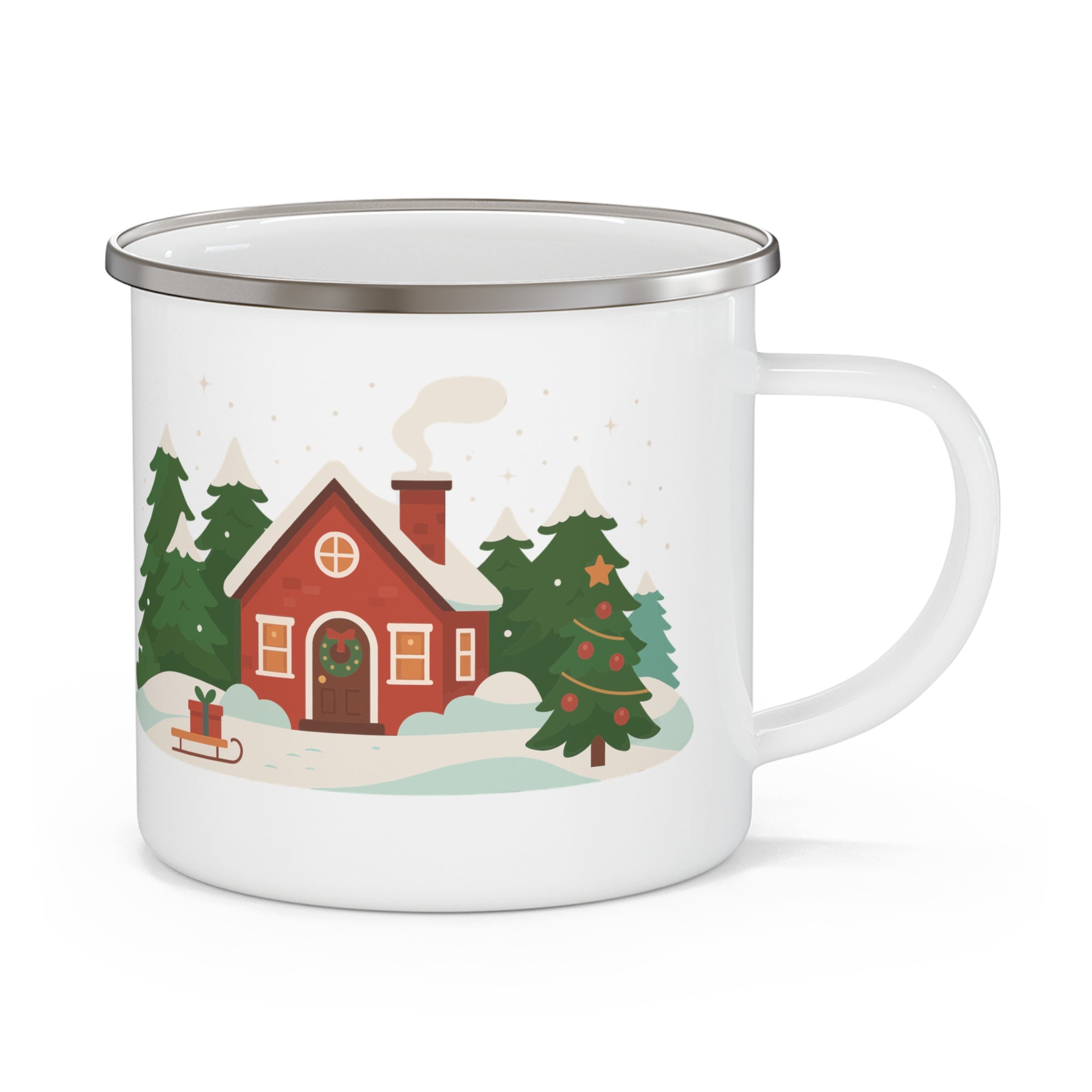 Enamel mug with winter cabin exterior illustration and cozy fireplace interior scene
