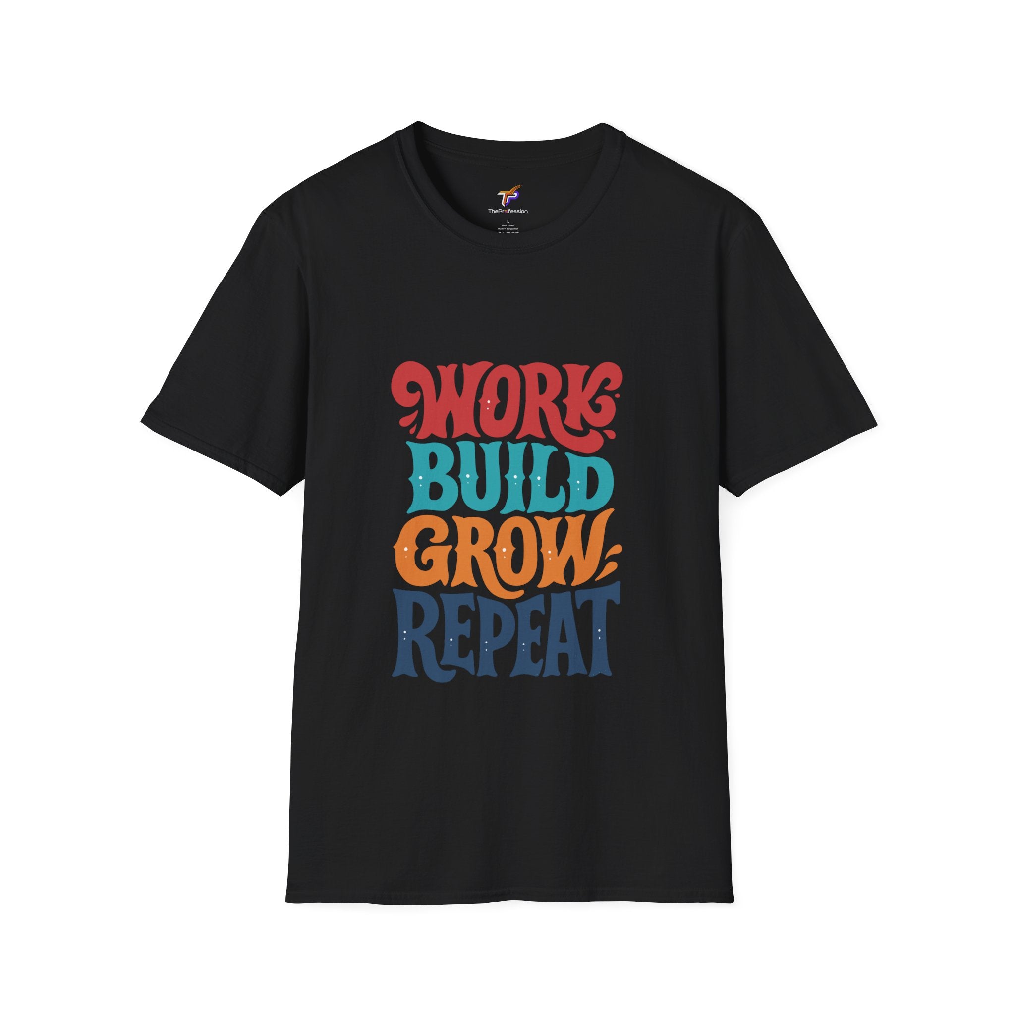 Work Build Grow Repeat graphic T-shirt with bold colorful typography on black fabric