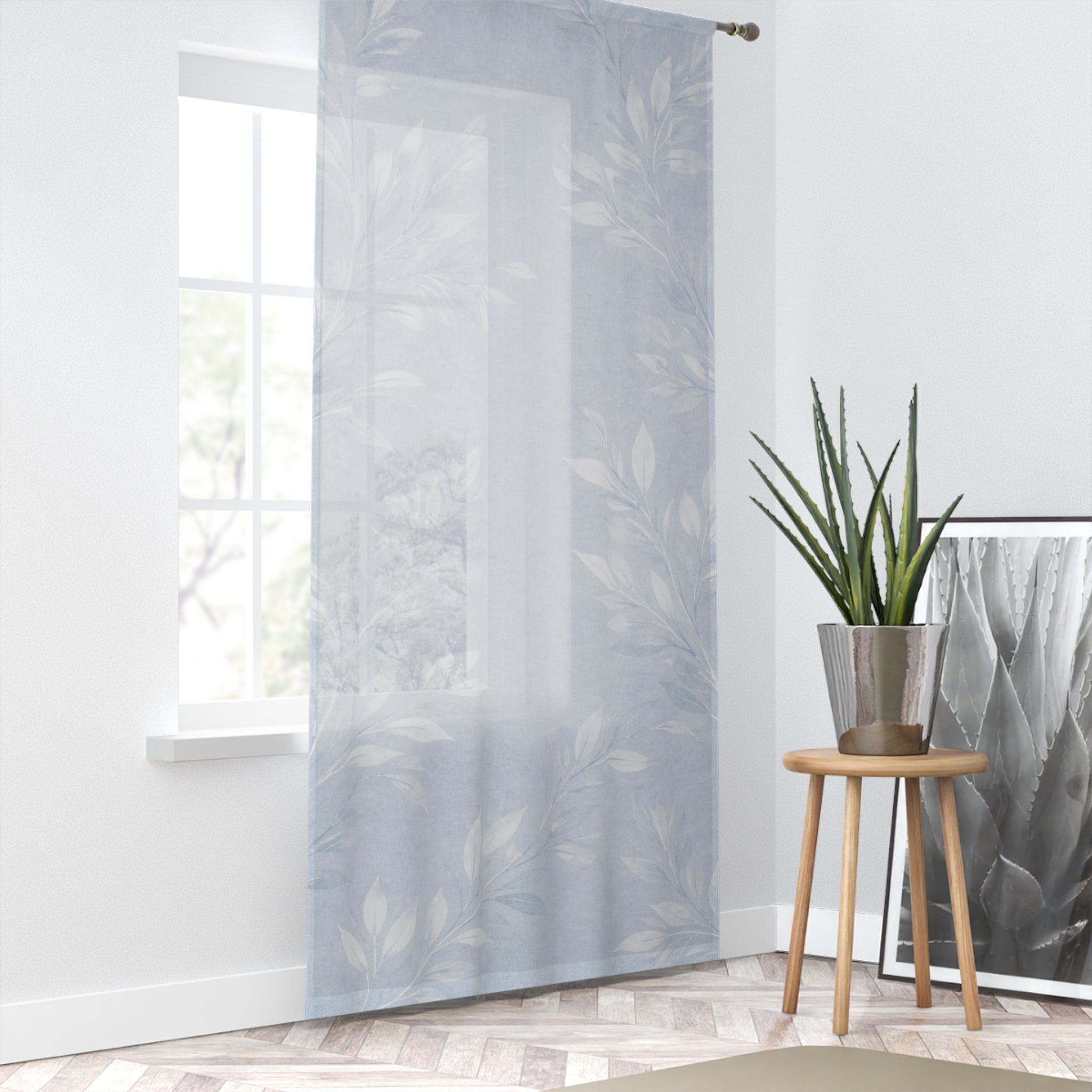 Sheer Leaf Pattern Window Curtain — Light Blue Botanical Sheer Panel