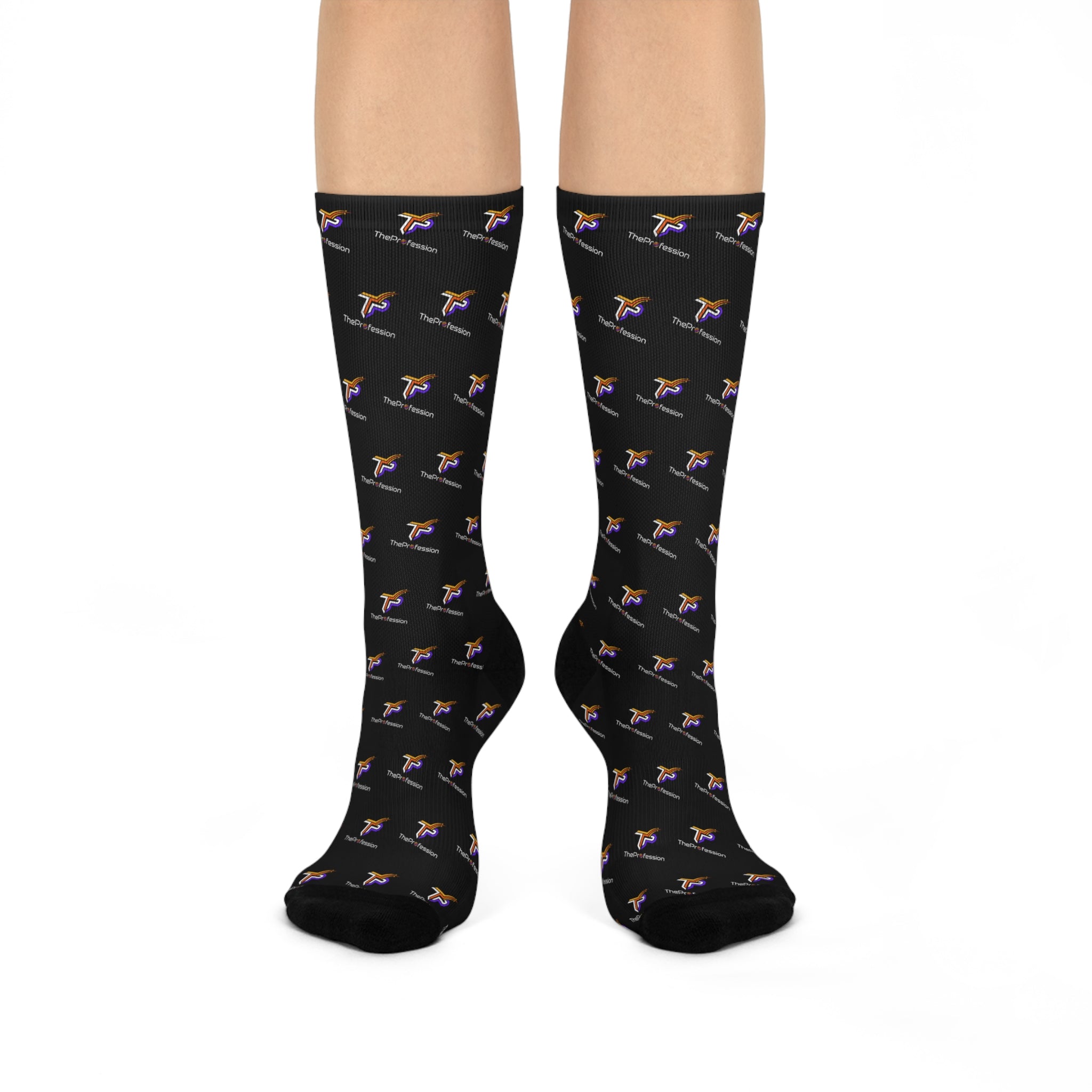 Black socks with all-over TheProfession logo pattern worn on legs
