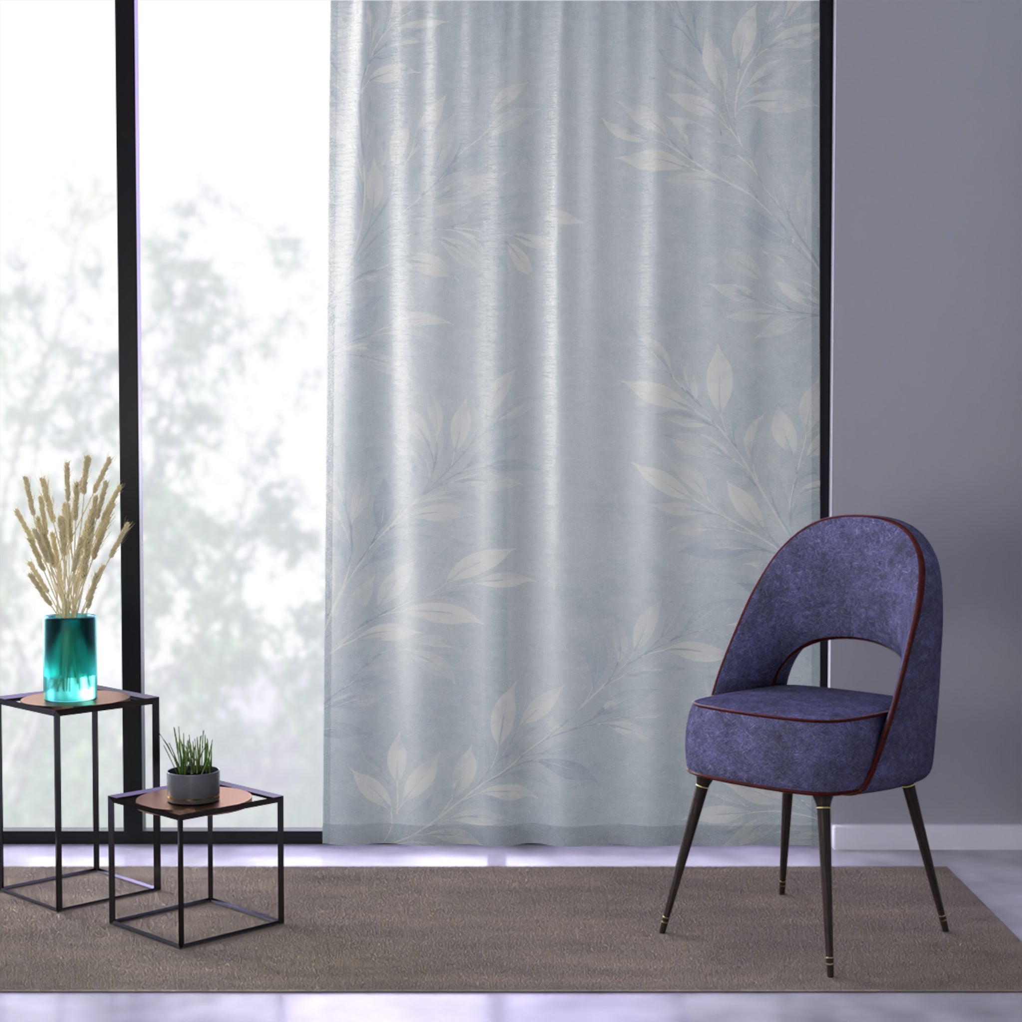 Sheer Leaf Pattern Window Curtain — Light Blue Botanical Sheer Panel