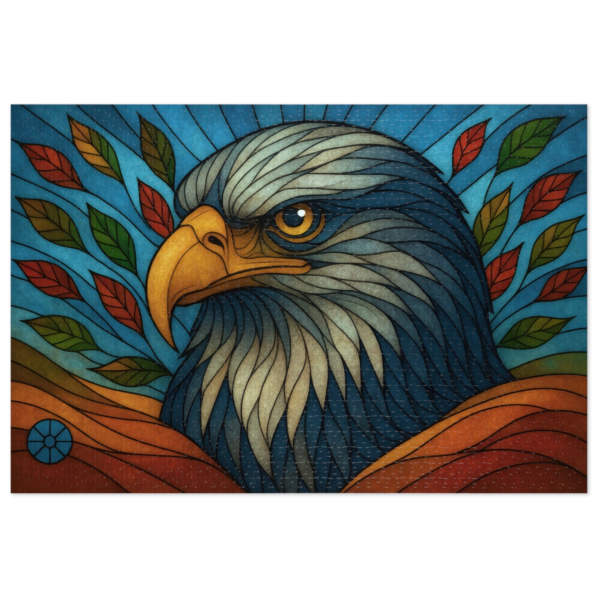 Stained-glass style eagle jigsaw puzzle artwork
