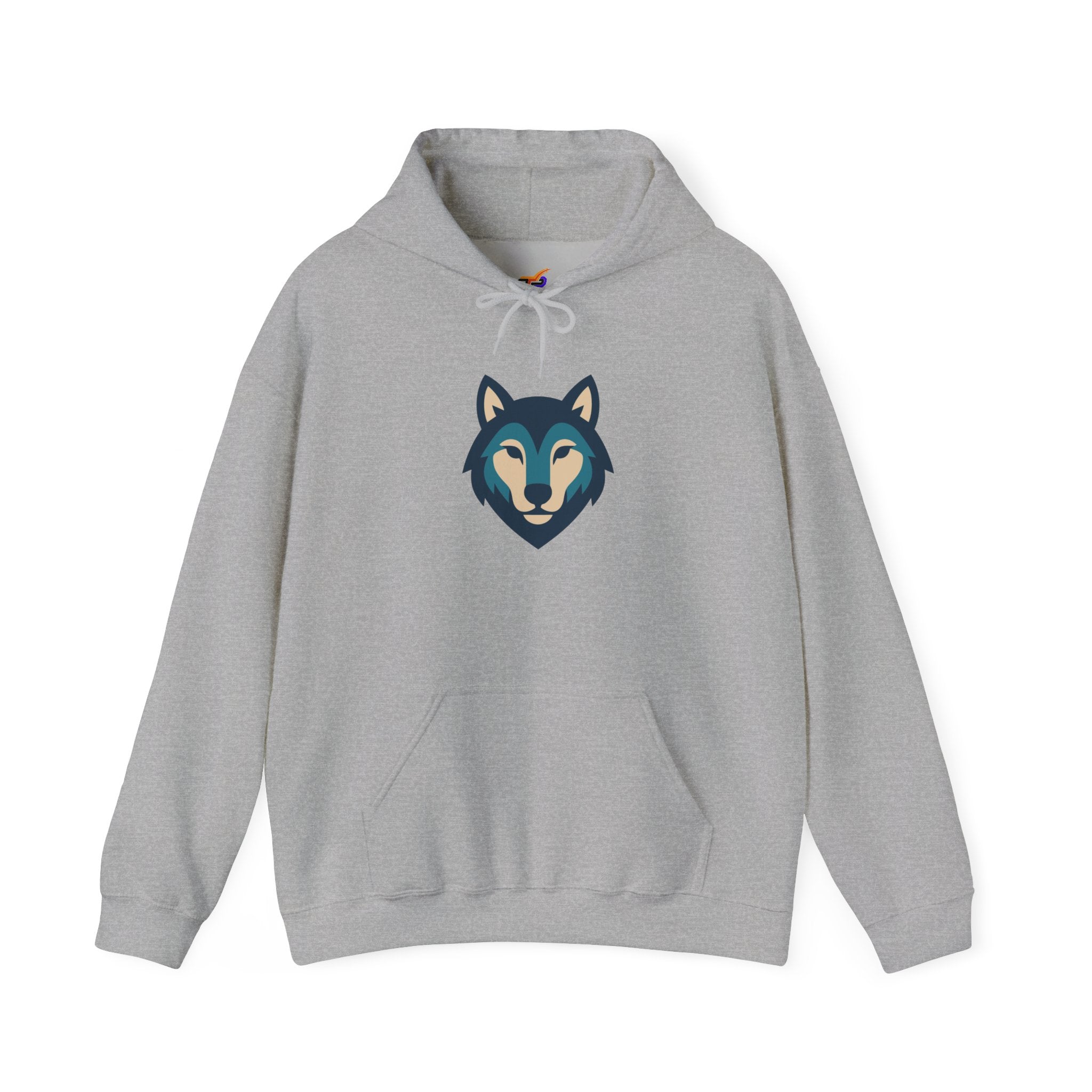 Gray hoodie with a minimalist wolf emblem centered on the front
