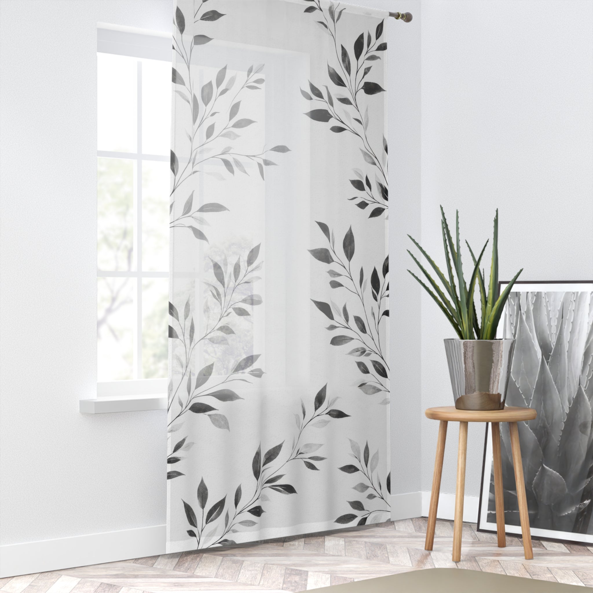 Sheer Leaf Pattern Window Curtain — Light Blue Botanical Sheer Panel