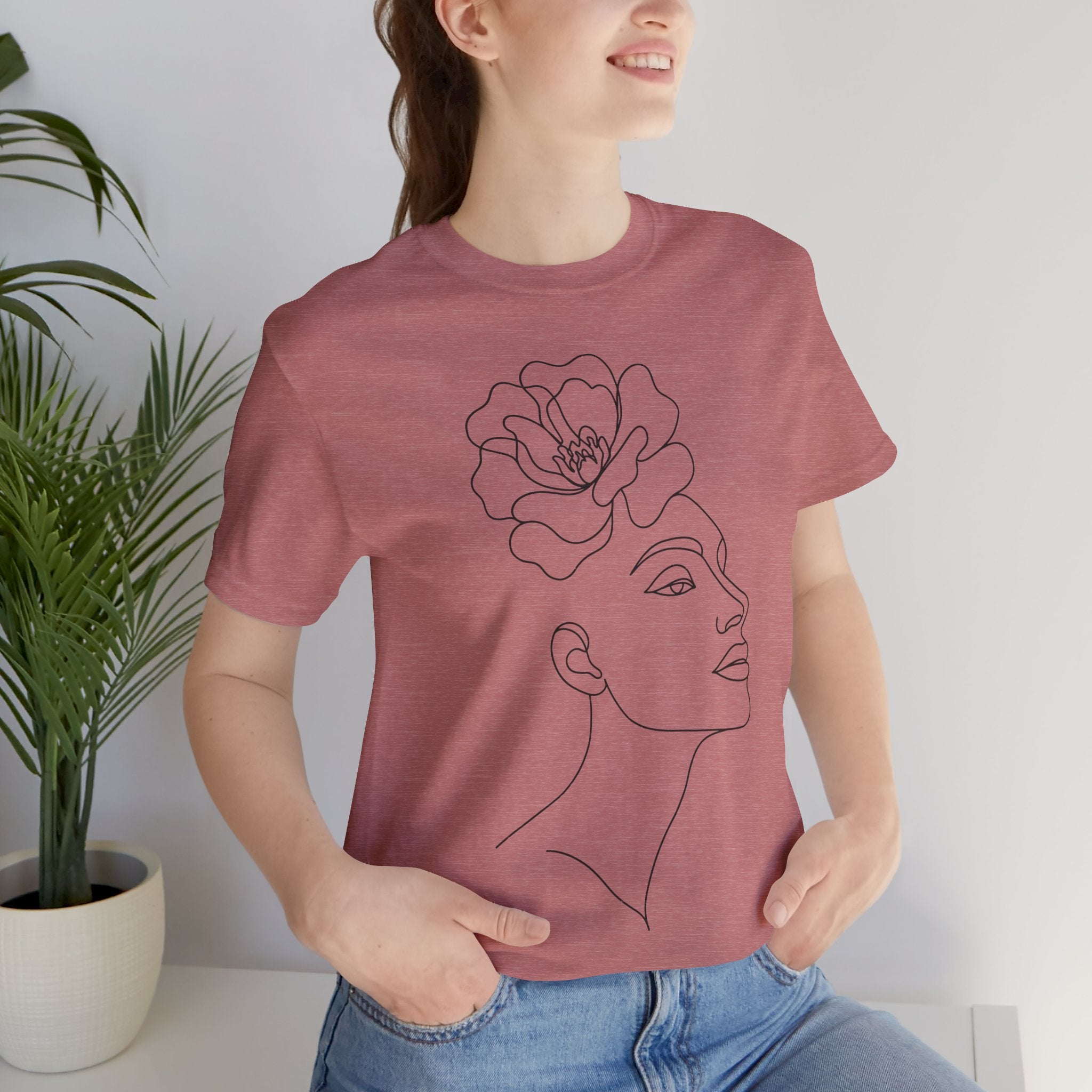 LineaMuse™ t-shirt with minimalist line art face illustration, modern artistic apparel