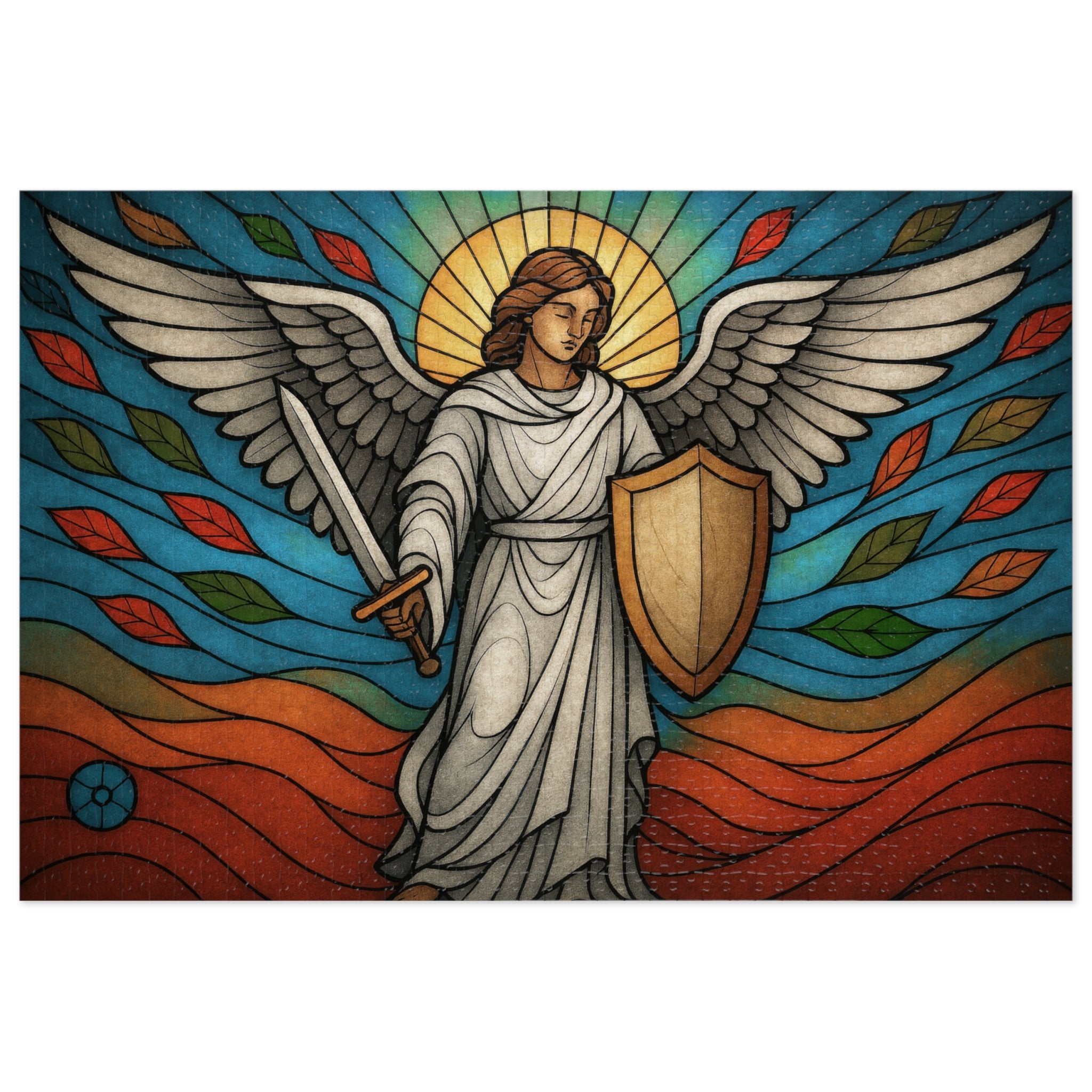 Guardian Angel stained-glass style jigsaw puzzle artwork
