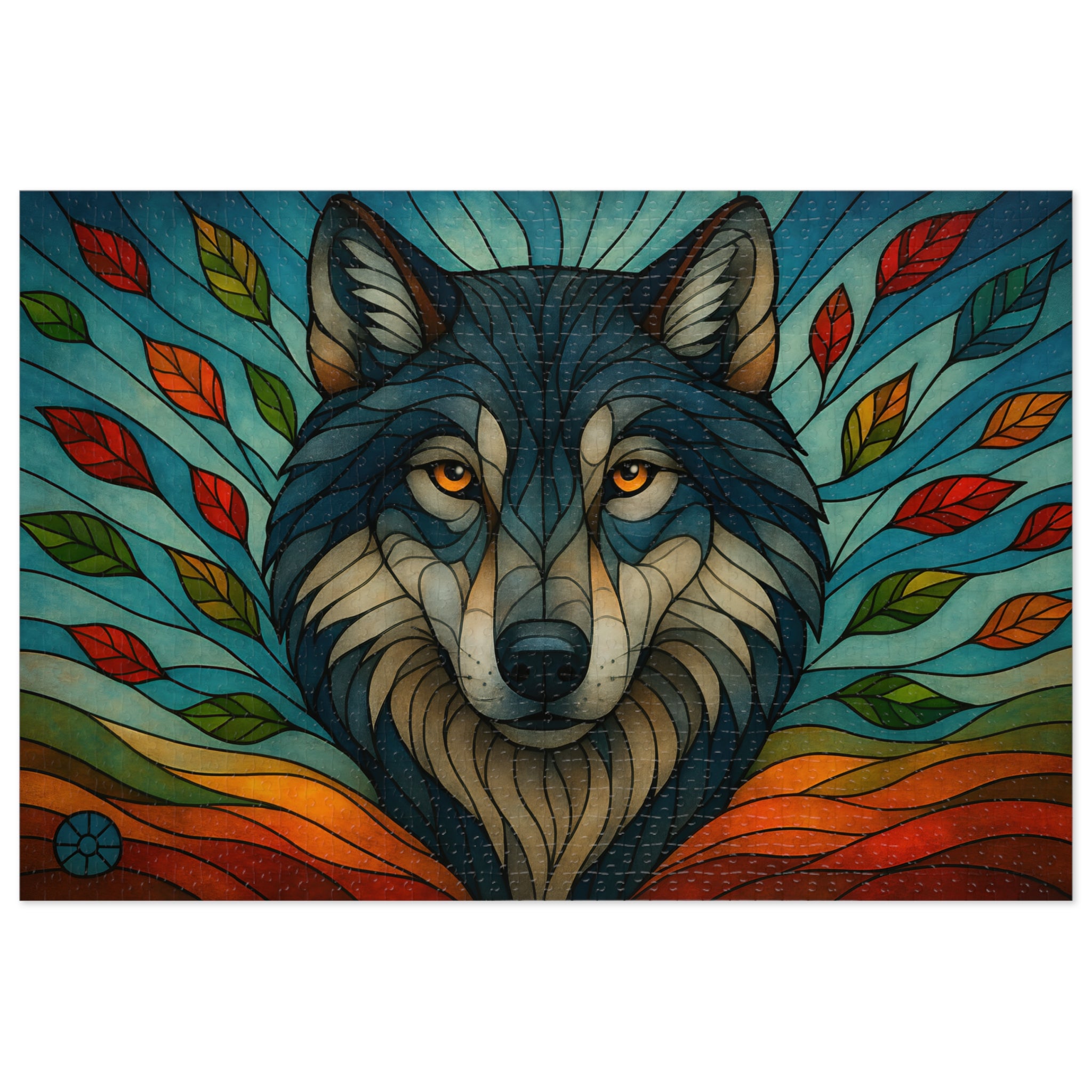 Stained-glass style wolf jigsaw puzzle with colorful leaves and intense eyes
