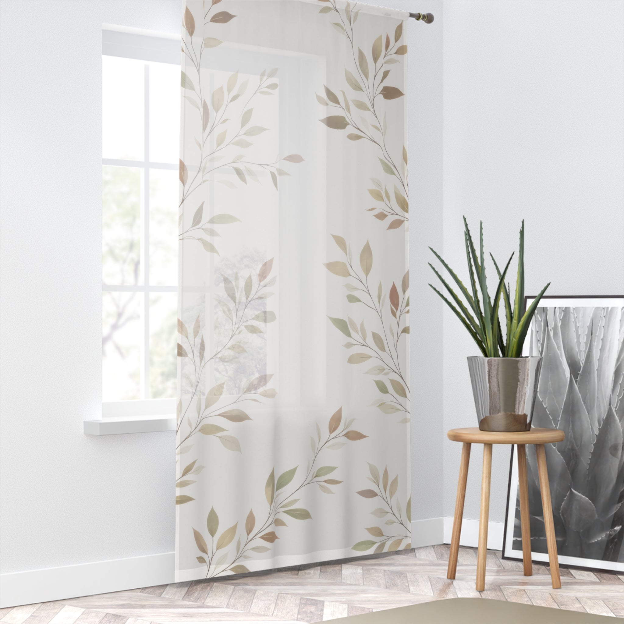 Sheer Leaf Pattern Window Curtain — Light Blue Botanical Sheer Panel