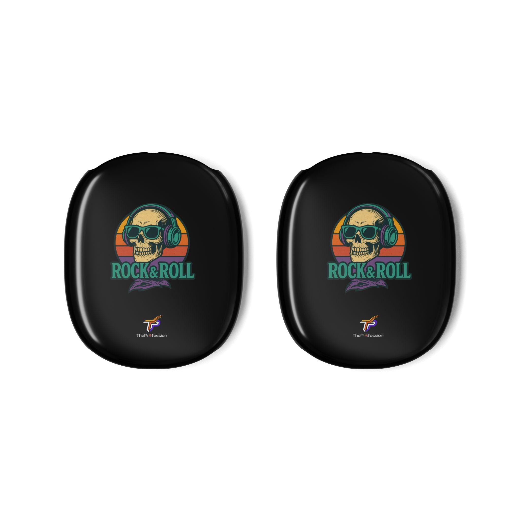 Black AirPods Max protective covers with Rock & Roll skull design
