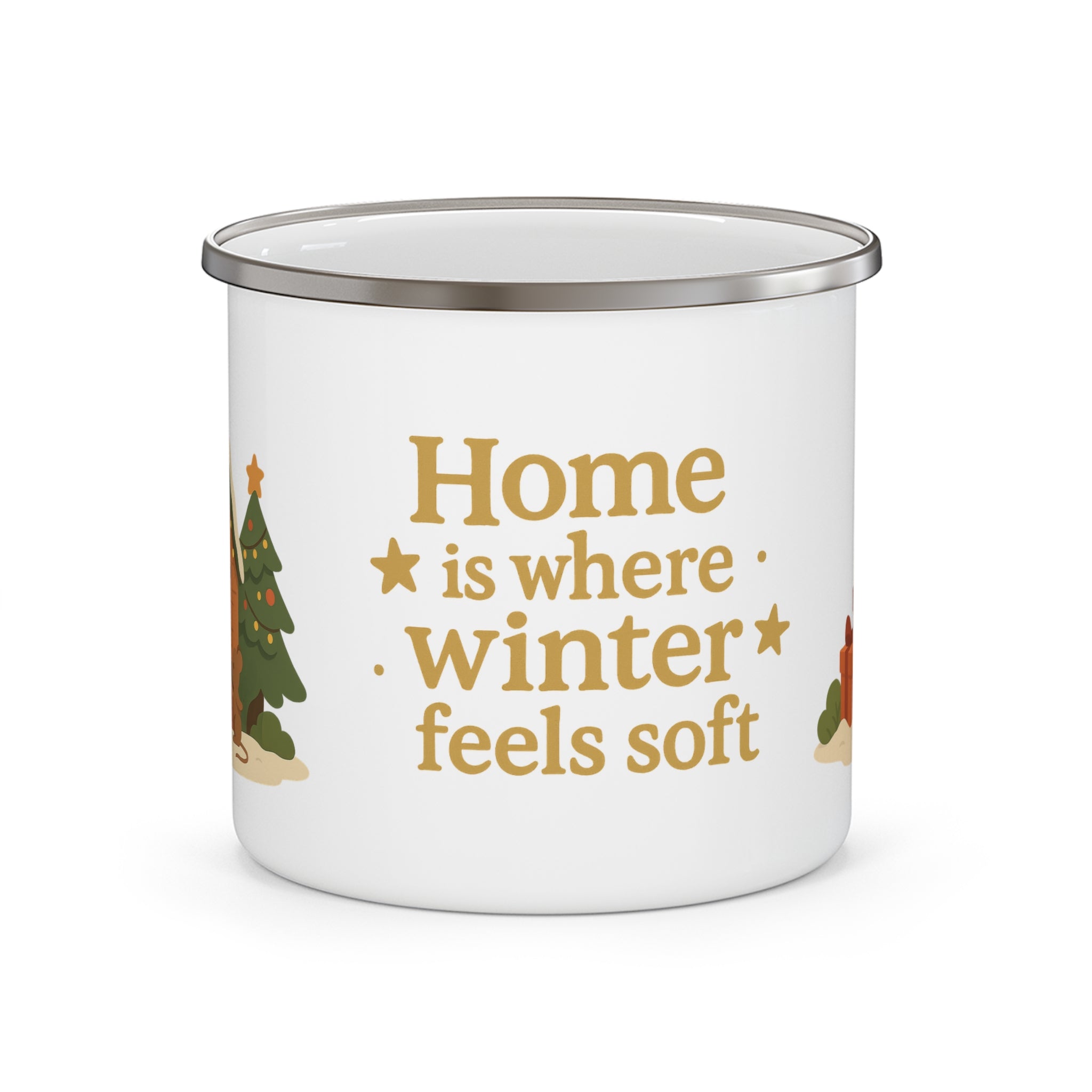 12oz enamel mug with winter cabin illustration, cozy home interior by fireplace and snowy Christmas scene outside

