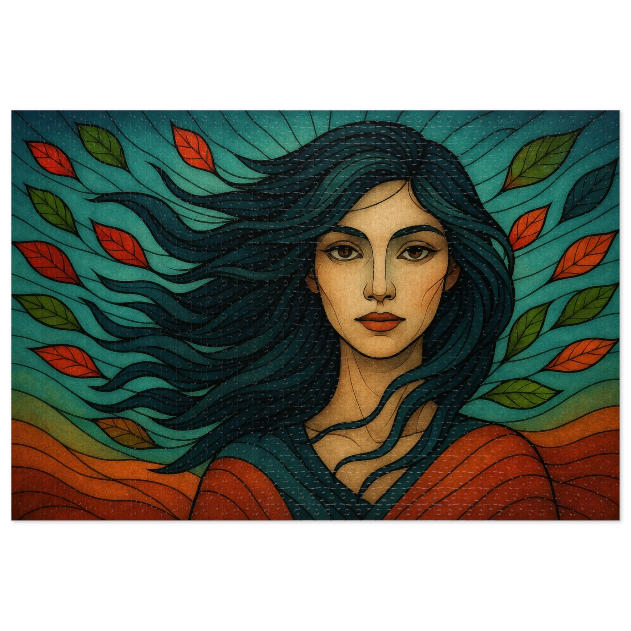 Stained-glass style jigsaw puzzle with flowing female portrait and leaves
