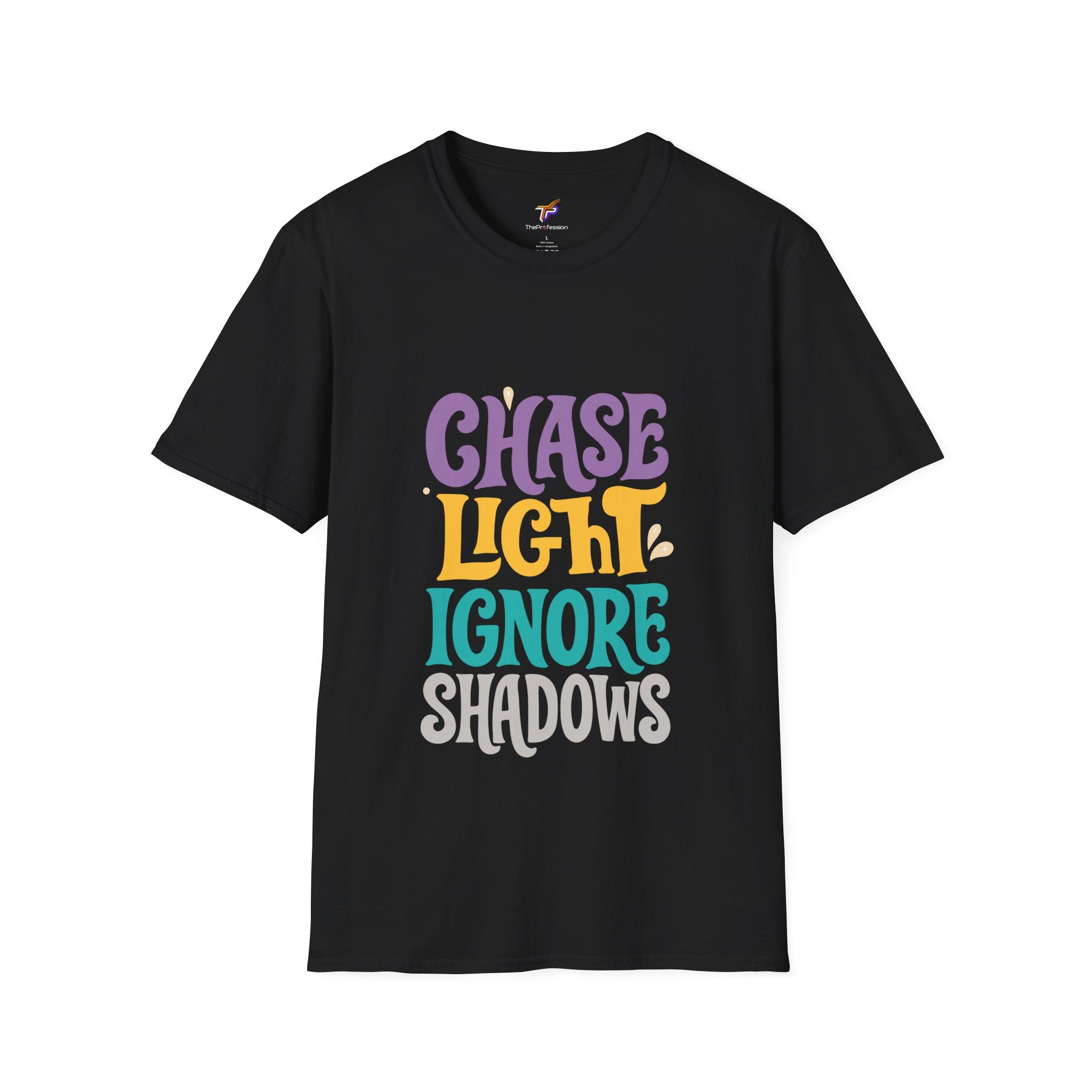 Chase Light Ignore Shadows graphic T-shirt with bold colorful typography on black fabric
